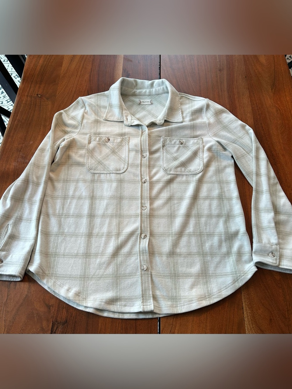 Altar'd State cream and green Plaid Button-Down Shirt